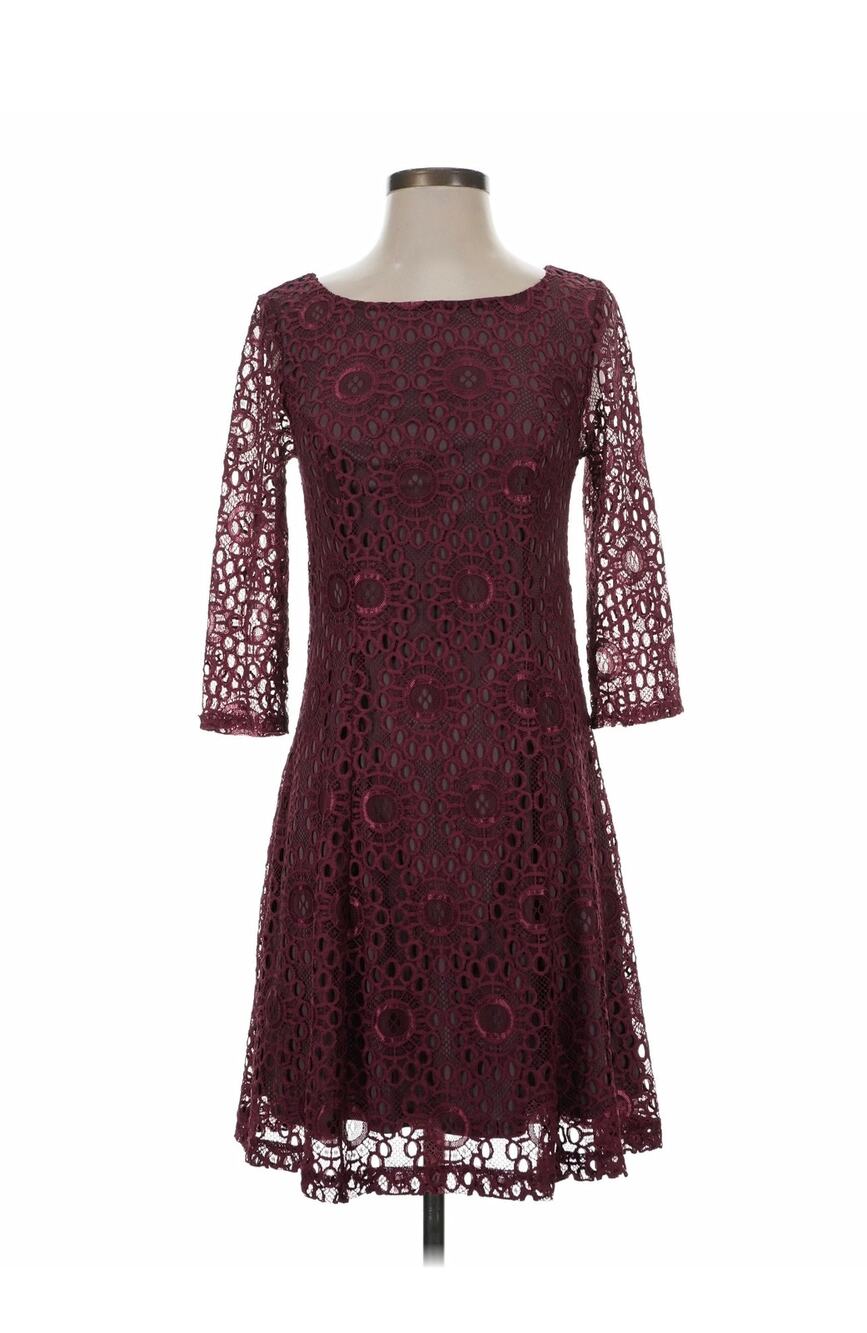ModCloth SZ XS A-Line 3/4 Sleeve Burgundy Perforated Cocktail Dress